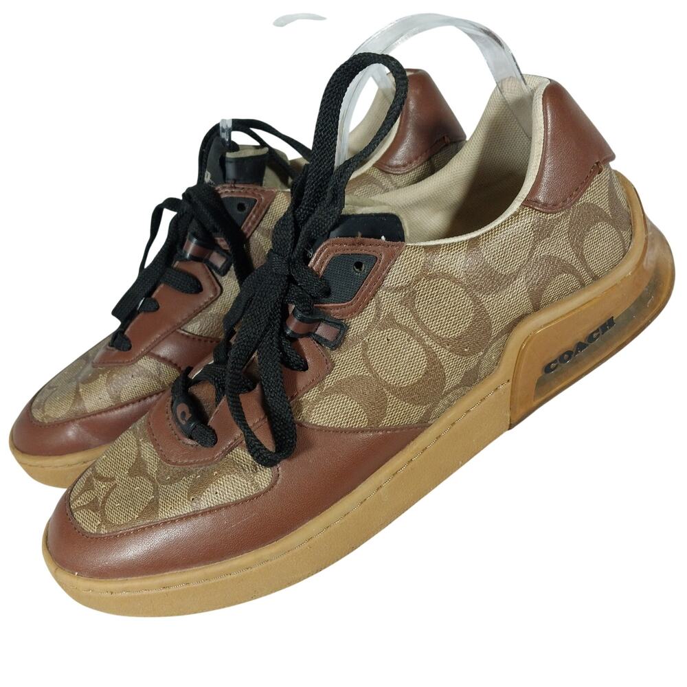 COACH! PECAN BROWN GENUINE LEATHER & MONOGRAM CANVAS CASUAL SHOES! SZ 8.5M